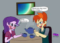 Size: 1024x743 | Tagged: safe, artist:stella-exquisa, imported from derpibooru, starlight glimmer, sunburst, human, equestria girls, cup, date, deviantart watermark, dialogue, duo, equestria girls-ified, female, indoors, male, obtrusive watermark, shipping, sitting, starburst, straight, table, teacup, teapot, watermark, window