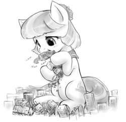 Size: 846x819 | Tagged: safe, artist:alloyrabbit, imported from derpibooru, coco pommel, earth pony, pony, building, city, clothes, crush fetish, destruction, eating, female, fetish, giant pony, looking down, macro, macro/micro, mare, micro, nom, object vore, simple background, sitting, solo, vore, white background