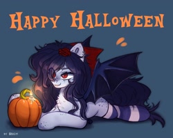 Size: 2500x2000 | Tagged: safe, artist:shelti, imported from derpibooru, oc, oc only, bat pony, pony, bat wings, blue background, chest fluff, clothes, colored pupils, ear piercing, earring, female, flower, flower in hair, gift art, halloween, holiday, jewelry, lying down, mare, piercing, prone, pumpkin, rose, simple background, slit pupils, socks, solo, spread wings, striped socks, text, wings