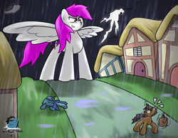 Size: 800x620 | Tagged: safe, artist:gamefreakdx, imported from derpibooru, oc, oc only, oc:pink thunder, pony, unicorn, assault, black mane, black tail, emanata, giant pegasus, giant pony, glowing, glowing horn, horn, house, injured, levitation, lightning, looking at someone, looking down, macro, macro/micro, magic, micro, pinpoint eyes, poacher, ponyville, purse, red eyes, robbery, scared, spread wings, tail, telekinesis, terrified, thief, thunderstorm, town, trio, unicorn oc, wings