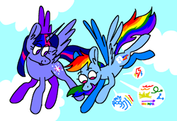 Size: 1316x900 | Tagged: safe, artist:msponies, imported from derpibooru, rainbow dash, twilight sparkle, alicorn, pegasus, pony, testing testing 1-2-3, cloud, cutie mark, duo, duo female, februpony, female, flying, g4, horn, mare, ms paint, sky, smiling, speech bubble, tail, twilight sparkle (alicorn), wings