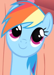 Size: 1005x1384 | Tagged: safe, imported from derpibooru, screencap, rainbow dash, pegasus, season 1, sonic rainboom (episode), cropped, cute, dashabetes, female, golden oaks library, mare, smiling, solo, staircase, stairs