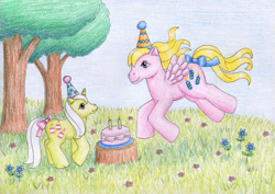 Size: 1062x752 | Tagged: safe, artist:normaleeinsane, imported from derpibooru, baby frosting, pony, baby, baby pony, best wishes (g1), birthday cake, cake, cute, diawishes, duo, female, filly, flower, foal, food, frostabetes, g1, hat, party hat, tree, tree stump