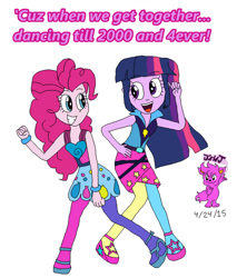 Size: 1024x1200 | Tagged: safe, artist:stella-exquisa, imported from derpibooru, pinkie pie, twilight sparkle, human, equestria girls, alternate clothes, dancing, duo, female, lesbian, shipping, text, twinkie