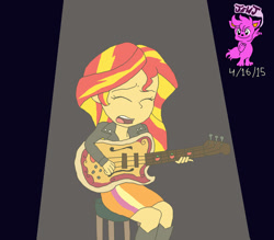 Size: 1024x899 | Tagged: safe, artist:stella-exquisa, imported from derpibooru, sunset shimmer, human, equestria girls, dark background, eyes closed, guitar, musical instrument, playing instrument, singing, solo, spotlight, stool