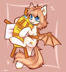 Size: 1842x1994 | Tagged: safe, artist:shelti, imported from derpibooru, oc, oc only, oc:honey milk, bat pony, bee, insect, pony, bat wings, colored pupils, ear fluff, ear piercing, earring, fangs, female, gift art, happy, hug, jewelry, mare, minecraft, minecraft bee, open mouth, peach background, piercing, simple background, solo, spread wings, wings