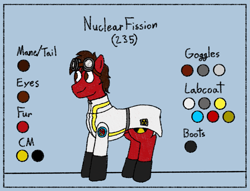 Size: 1605x1225 | Tagged: safe, alternate version, artist:nukepony360, imported from derpibooru, oc, oc only, oc:nuclear fission, pony, boots, clothes, full body, goggles, lab coat, male, reference sheet, shoes, simple background, solo, stallion