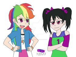 Size: 1024x774 | Tagged: safe, artist:stella-exquisa, imported from derpibooru, rainbow dash, human, equestria girls, alternate design, crossed arms, crossover, duo, hand on hip, humanized, love live!, love live! school idol project, nico yazawa, simple background, white background