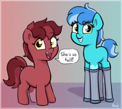 Size: 2492x2224 | Tagged: safe, artist:heretichesh, imported from derpibooru, oc, oc only, oc:raspberry toffy, oc:saltwater toffy, earth pony, pony, cute, duo, female, filfil, filly, foal, freckles, grin, high res, looking at you, ocbetes, open mouth, open smile, smiling, smiling at you, smirk, speech bubble, stilts