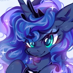 Size: 2048x2048 | Tagged: safe, artist:vanilla-chan, imported from derpibooru, princess luna, alicorn, pony, chest fluff, cute, ear fluff, female, high res, lunabetes, mare, simple background, smiling, solo, sparkles, white background
