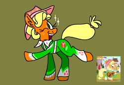 Size: 1316x900 | Tagged: safe, artist:msponies, imported from derpibooru, applejack, earth pony, pony, sparkle's seven, apple chord, clothes, extended trot pose, februpony, female, freckles, g4, green background, guitar, hat, mare, ms paint, musical instrument, one eye closed, outfit, raised hoof, raised leg, screencap reference, simple background, solo, sparkles, tail, wink