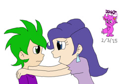 Size: 1024x697 | Tagged: safe, artist:stella-exquisa, imported from derpibooru, rarity, spike, human, alternate design, comforting, duo, hand on shoulder, humanized, implied shipping, implied spikebelle, implied straight, shipping denied, simple background, story included, white background