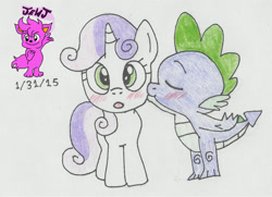 Size: 1024x740 | Tagged: safe, artist:stella-exquisa, imported from derpibooru, spike, sweetie belle, dragon, pony, unicorn, blushing, cheek kiss, duo, female, kissing, male, shipping, simple background, spikebelle, straight, surprise kiss, traditional art, white background