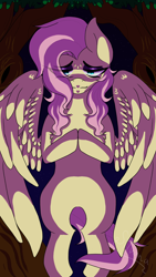 Size: 1080x1920 | Tagged: safe, artist:silvana, imported from derpibooru, fluttershy, pegasus, hair over one eye, lighting, night, pink mane, smiling, tree, wings