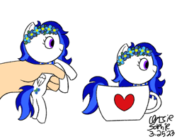 Size: 948x744 | Tagged: safe, artist:ideletedsystem64, imported from derpibooru, oc, pegasus, pony, blue mane, commission, cup, female, floral head wreath, flower, heart, mare, pegasus oc, simple background, solo, teacup, white background, ych result