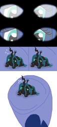 Size: 602x1325 | Tagged: safe, artist:final7darkness, imported from derpibooru, princess luna, queen chrysalis, changeling, changeling queen, pony, comic:the shrunken changeling ruler, blurry, confused, dizzy, giant pony, hoof shoes, in goliath's palm, looking at you, macro, macro/micro, micro, offscreen character, pov, scared, size difference, sweat, sweatdrop, terrified, underhoof, vision