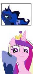 Size: 602x1325 | Tagged: safe, artist:final7darkness, imported from derpibooru, princess cadance, princess luna, queen chrysalis, pony, comic:the shrunken changeling ruler, 2 panel comic, comic, devious, devious smile, dreamworks face, eyebrows, giant pony, holding a pony, hoof shoes, in goliath's palm, looking at someone, macro, macro/micro, micro, raised eyebrow, scared, simple background, size difference, smiling, sweat, sweatdrops, terrified, underhoof, white background