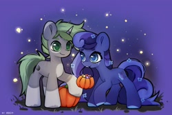 Size: 3000x2000 | Tagged: safe, artist:shelti, imported from derpibooru, oc, oc only, earth pony, pony, unicorn, candy, coat markings, colored hooves, colored pupils, countershading, duo, duo male and female, female, food, grass, hallowee, happy, male, mare, mouth hold, outdoors, pumpkin, smiling, socks (coat markings), stallion, standing, stars