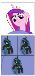 Size: 602x1325 | Tagged: safe, artist:final7darkness, imported from derpibooru, princess cadance, princess luna, queen chrysalis, changeling, changeling queen, pony, comic:the shrunken changeling ruler, crying, devious, devious smile, fangs, giant pony, hoof shoes, looking at someone, looking down, looking up, macro, macro/micro, micro, open mouth, scared, shrunk, simple background, teary eyes, terrified, underhoof, white background