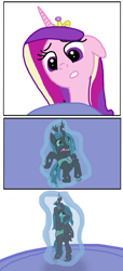 Size: 602x1325 | Tagged: safe, artist:final7darkness, imported from derpibooru, princess cadance, princess luna, queen chrysalis, pony, comic:the shrunken changeling ruler, crying, giant pony, glowing, hoof shoes, levitation, looking down, looking up, macro, macro/micro, magic, micro, simple background, size difference, teary eyes, telekinesis, white background, worried