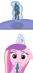 Size: 602x1325 | Tagged: safe, artist:final7darkness, imported from derpibooru, princess cadance, queen chrysalis, pony, comic:the shrunken changeling ruler, crying, giant pony, glowing, glowing horn, happy, holding a pony, hoof shoes, horn, levitation, looking down, looking up, macro, macro/micro, magic, micro, smiling, teary eyes, telekinesis, underhoof