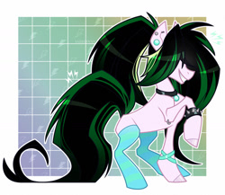 Size: 1500x1304 | Tagged: safe, artist:sadelinav, imported from derpibooru, oc, oc only, earth pony, pony, bracelet, clothes, ear piercing, earring, earth pony oc, hair over eyes, jewelry, long mane, long tail, piercing, raised hoof, smiling, socks, solo, tail