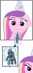 Size: 602x1325 | Tagged: safe, artist:final7darkness, imported from derpibooru, princess cadance, queen chrysalis, changeling, changeling queen, comic:the shrunken changeling ruler, devious, devious smile, evil grin, glowing, glowing horn, grin, happy, horn, jewelry, levitation, looking down, looking up, macro, macro/micro, magic, micro, oh no, purple eyes, regalia, smiling, telekinesis, you dun goofed