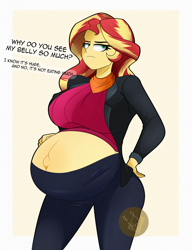 Size: 2000x2600 | Tagged: safe, alternate version, artist:diamondgreenanimat0, imported from derpibooru, sunset shimmer, human, equestria girls, belly, belly button, big belly, breasts, busty sunset shimmer, clothes, dialogue, female, hand on hip, hips, looking at you, outie belly button, pregnant, red hair, redraw, simple background, solo, sunset preggers, yellow background, yellow hair