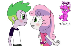 Size: 1024x639 | Tagged: safe, artist:stella-exquisa, imported from derpibooru, spike, sweetie belle, human, equestria girls, duo, female, humanized, male, shipping, simple background, spikebelle, straight, white background