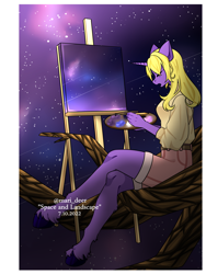 Size: 1500x2000 | Tagged: safe, artist:mari_deer, imported from derpibooru, oc, anthro, unguligrade anthro, unicorn, easel, female, galaxy, paint palette, paintbrush, painting, palette, solo, space