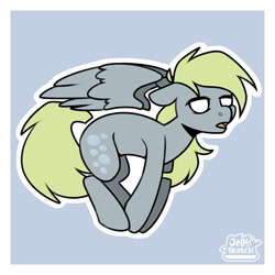 Size: 2048x2048 | Tagged: safe, artist:jellysketch, imported from derpibooru, derpy hooves, pegasus, pony, blue background, no pupils, signature, simple background, solo
