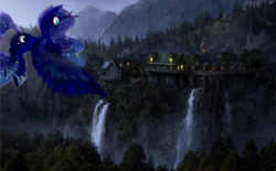 Size: 1135x704 | Tagged: safe, artist:dragontwi, imported from derpibooru, princess luna, bird, awesome, blue eyes, building, city, complex background, detailed, detailed background, ethereal mane, flying, forest, hoof shoes, lights, looking at something, mountain, mountain range, scenery, scenery porn, spread wings, starry mane, town, water, waterfall, wavy mane, wings