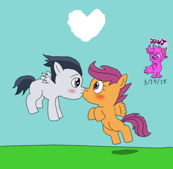 Size: 1024x1002 | Tagged: safe, artist:stella-exquisa, imported from derpibooru, rumble, scootaloo, pegasus, pony, blushing, cloud, female, grass, grass field, heart, heart shaped, male, rumbloo, scootaloo can fly, shipping, simple background, sky, straight