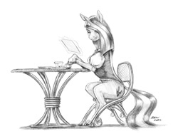 Size: 1024x770 | Tagged: safe, artist:baron engel, imported from derpibooru, oc, oc only, oc:purple marten, unicorn, chair, glowing, glowing horn, grayscale, hair over one eye, horn, levitation, looking at you, magic, monochrome, pencil drawing, plate, realistic, realistic horse legs, signature, simple background, solo, story in the source, table, telekinesis, traditional art, white background