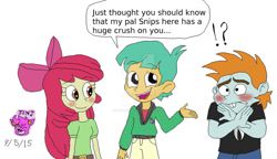 Size: 1024x590 | Tagged: safe, artist:stella-exquisa, imported from derpibooru, apple bloom, snails, snips, human, equestria girls, blushing, dialogue, embarrassed, female, gesture, male, shipper on deck, shipping, simple background, snipsbloom, straight, trio, white background