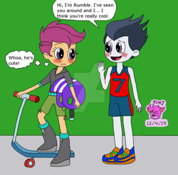 Size: 1024x1012 | Tagged: safe, artist:stella-exquisa, imported from derpibooru, rumble, scootaloo, human, equestria girls, blushing, dialogue, duo, equestria girls-ified, female, helmet, male, rumbloo, scooter, shipping, simple background, straight, thought bubble