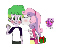 Size: 1024x722 | Tagged: safe, artist:stella-exquisa, imported from derpibooru, spike, sweetie belle, human, equestria girls, alternate design, cheek kiss, christmas, duo, eating, female, holiday, human spike, humanized, kissing, male, present, shipping, simple background, spikebelle, straight, transparent background