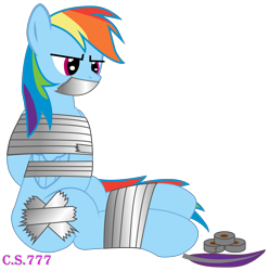 Size: 8111x8191 | Tagged: safe, artist:cardshark777, imported from derpibooru, rainbow dash, pegasus, pony, arm behind back, bondage, bound and gagged, bound wings, digital art, duct tape, feather, female, gag, glare, helpless, hooves behind back, mare, rainbond dash, rainbow dash is not amused, signature, solo, tape, tape bondage, tape gag, transparent background, unamused, wings
