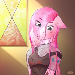 Size: 3000x3000 | Tagged: safe, artist:srfeh2321, imported from derpibooru, pinkie pie, anthro, earth pony, blood, crepuscular rays, eyebrows, eyebrows visible through hair, female, fishnet clothing, floppy ears, frown, pinkamena diane pie, solo, stained glass, window