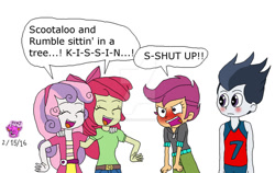 Size: 1024x649 | Tagged: safe, artist:stella-exquisa, imported from derpibooru, apple bloom, rumble, scootaloo, sweetie belle, human, equestria girls, blushing, cutie mark crusaders, deviantart watermark, embarrassed, equestria girls-ified, female, group, male, mocking, obtrusive watermark, quartet, rumbloo, shipper on deck, shipping, simple background, singing, straight, watermark, white background