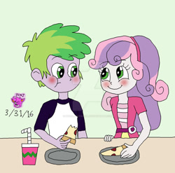 Size: 1024x1013 | Tagged: safe, artist:stella-exquisa, imported from derpibooru, spike, sweetie belle, human, equestria girls, alternate design, blushing, cup, date, deviantart watermark, duo, female, food, human spike, humanized, lunch, male, obtrusive watermark, pizza, plate, shipping, simple background, spikebelle, straight, straw, table, watermark