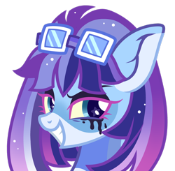 Size: 1920x1883 | Tagged: safe, imported from derpibooru, oc, oc only, oc:star plane, hybrid, pegasus, pony, black eyeshadow, eyeshadow, female, grin, head, interspecies offspring, makeup, offspring, parent:mordecai, parent:twilight sparkle, parents:mordetwi, simple background, smiling, solo, sunglasses, transparent background