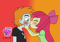 Size: 1024x709 | Tagged: safe, artist:stella-exquisa, imported from derpibooru, apple bloom, snips, human, equestria girls, blushing, duo, duo male and female, female, gradient background, kiss on the lips, male, shipping, snipsbloom, straight