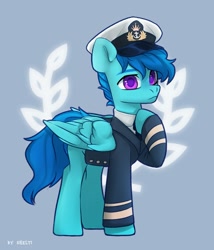 Size: 1713x2000 | Tagged: safe, artist:shelti, imported from derpibooru, oc, oc only, pegasus, pony, blue background, clothes, colored pupils, commission, folded wings, frown, hat, hoof on chest, long sleeves, male, necktie, sailor hat, sailor suit, simple background, solo, stallion, standing, wings