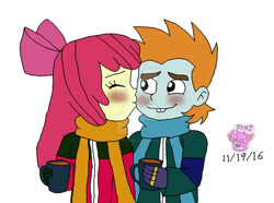 Size: 1024x763 | Tagged: safe, artist:stella-exquisa, imported from derpibooru, apple bloom, snips, human, equestria girls, blushing, cheek kiss, chocolate, clothes, deviantart watermark, duo, eyes closed, female, food, hot chocolate, humanized, kissing, male, obtrusive watermark, scarf, shipping, simple background, snipsbloom, straight, watermark, white background