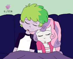 Size: 1024x828 | Tagged: safe, artist:stella-exquisa, imported from derpibooru, spike, sweetie belle, human, equestria girls, alternate design, blanket, couch, duo, female, humanized, male, shipping, sleeping, spikebelle, straight