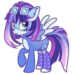 Size: 882x906 | Tagged: safe, artist:syriskater, imported from derpibooru, oc, oc only, oc:star plane, hybrid, pegasus, pony, black eyeshadow, clothes, eyeshadow, female, interspecies offspring, looking sideways, makeup, offspring, parent:mordecai, parent:twilight sparkle, parents:mordetwi, simple background, solo, stockings, sunglasses, thigh highs, white background