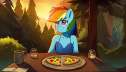 Size: 2560x1472 | Tagged: safe, imported from derpibooru, rainbow dash, anthro, ai assisted, ai content, date, female, food, forest, outdoors, pizza, plate, prompter:saphkey, sitting at table, solo, sunset, table, tree, wallpaper