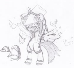 Size: 1614x1493 | Tagged: safe, artist:phillnana, imported from derpibooru, oc, pegasus, pony, clothes, dialogue, hat, solo, spread wings, wings