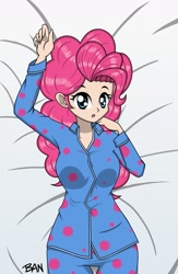 Size: 1561x2392 | Tagged: safe, artist:banquo0, imported from derpibooru, pinkie pie, human, bed, breasts, busty pinkie pie, clothes, eyebrows, eyebrows visible through hair, female, humanized, looking at you, open mouth, pajamas, solo